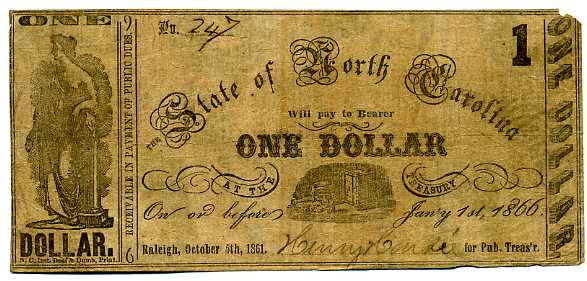 Front of State of North Carolina $1 note printed on P-1190A remainder sheet