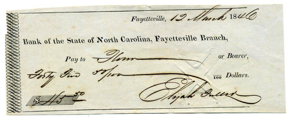 Bank of the State of North Carolina, Fayetteville Branch Counter Check