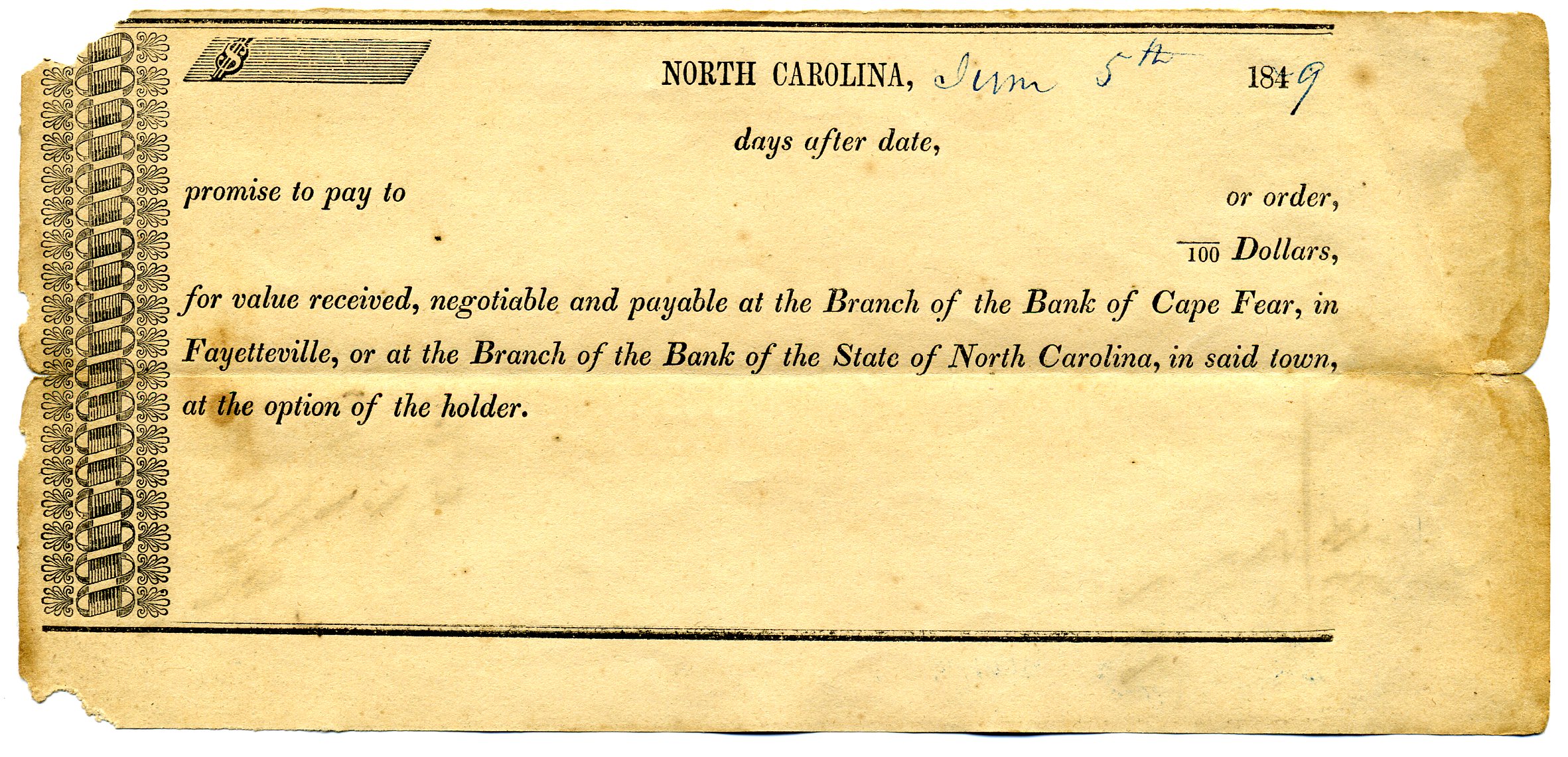 Bank of the State of North Carolina, Fayetteville Branch Promisary Note