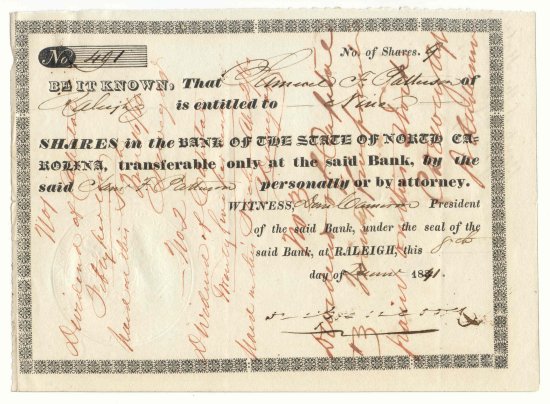 Stock Certificate on the Bank of State of North Carolina, Raleigh