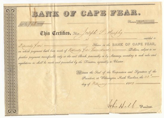 Stock Certificate on the Bank of Cape Fear, Wilmington (Type II)