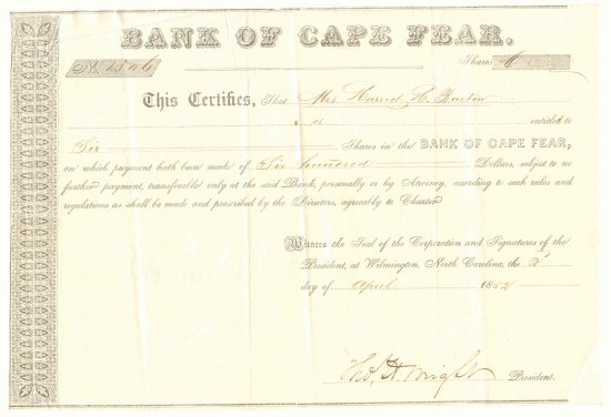 Stock Certificate on the Bank of Cape Fear, Wilmington (Type II)