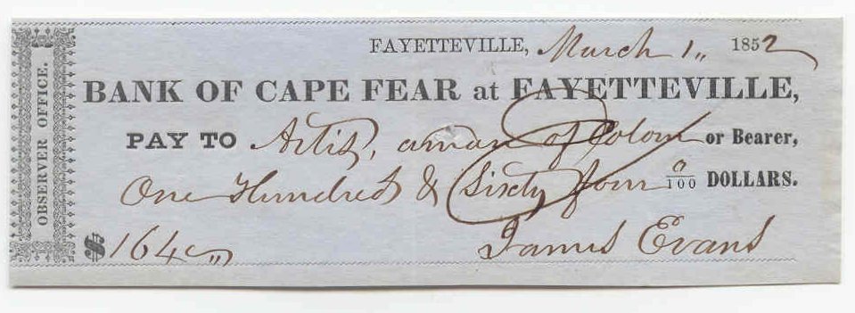 1852 Bank of Cape Fear Check (Fayetteville Branch)