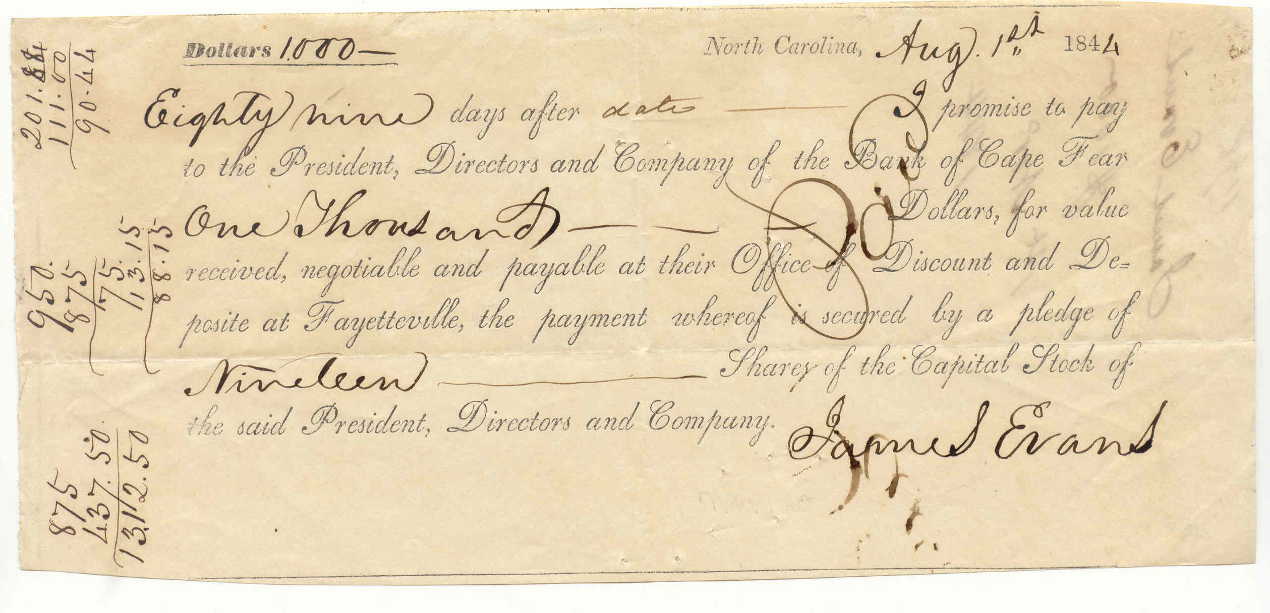 1844 Bank of Cape Fear Promissory Notes Secured by Bank Stock (Fayetteville Branch)
