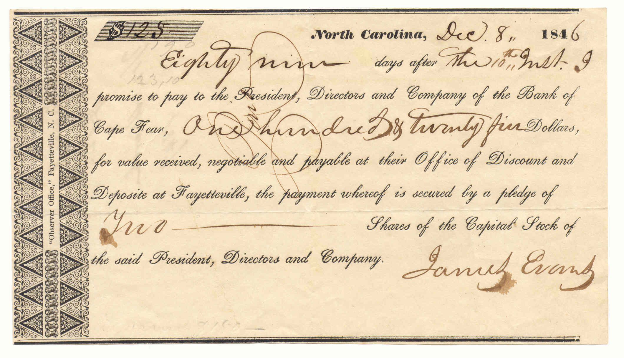 1846 Bank of Cape Fear Promissory Notes Secured by Bank Stock (Fayetteville Branch)