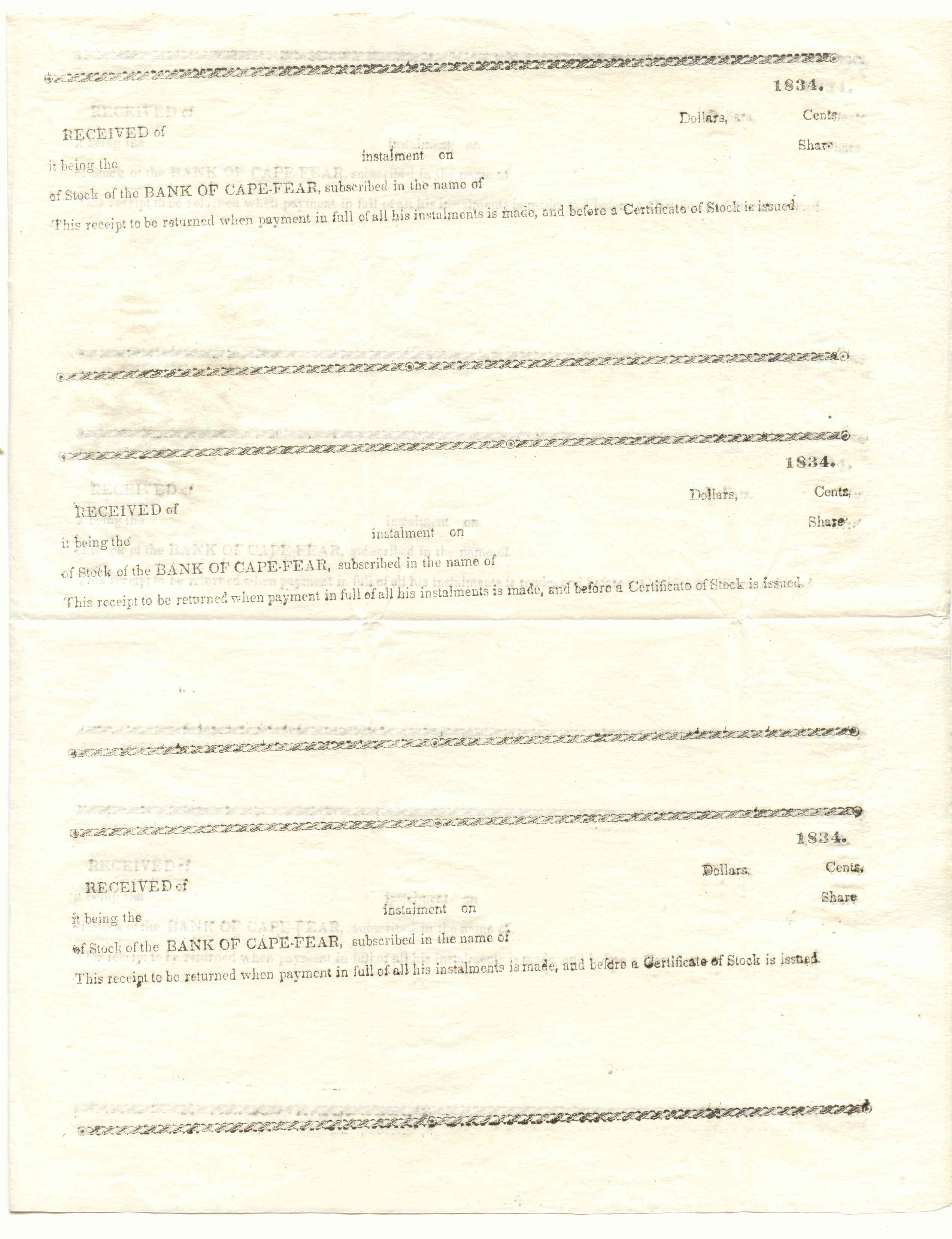 Unused sheet of Stock Instalment Payment Reciepts