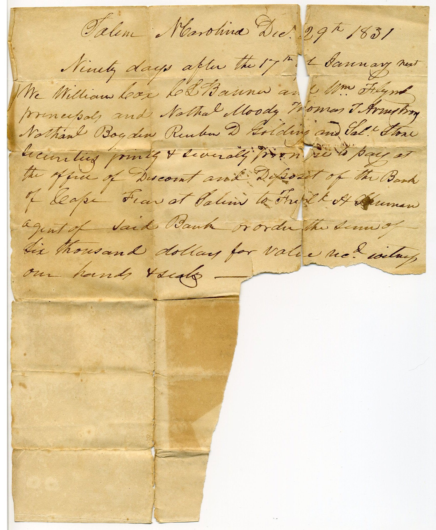 1831 Handwritten Bank of Cape Fear Ninety Day Promissory Note (Salem Branch)