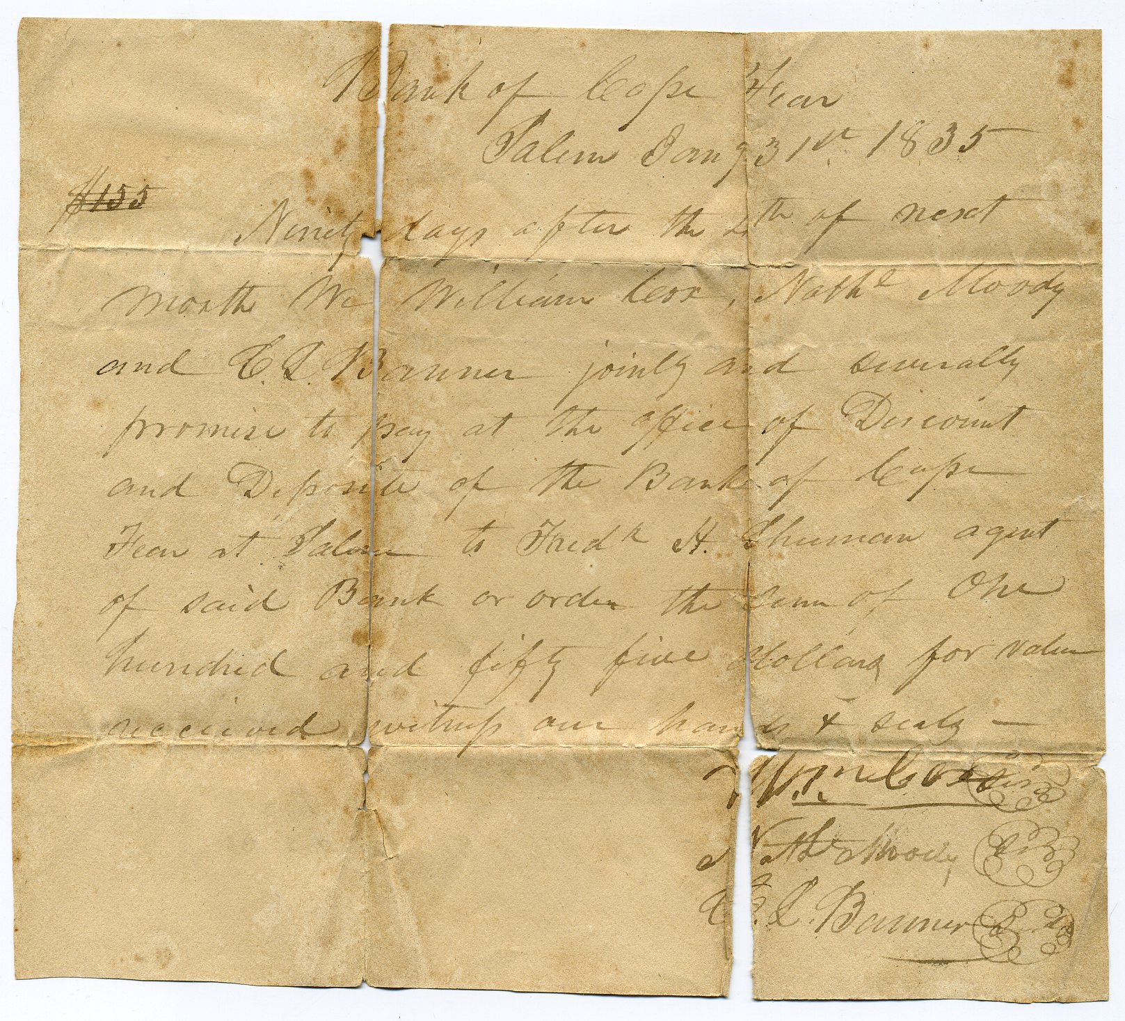 1835 Handwritten Bank of Cape Fear Ninety Day Promissory Note (Salem Branch)