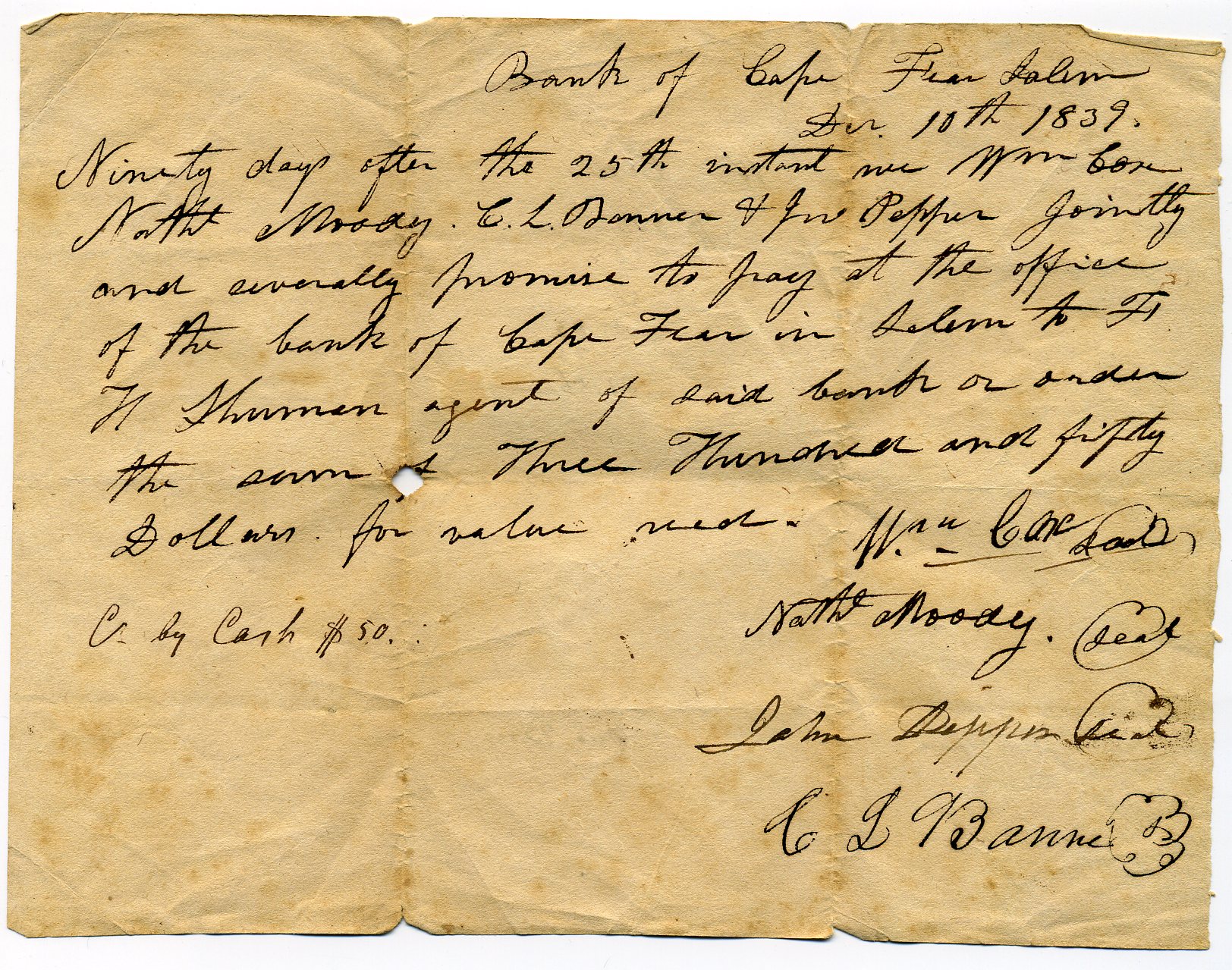 1839 Handwritten Bank of Cape Fear Ninety Day Promissory Note (Salem Branch)