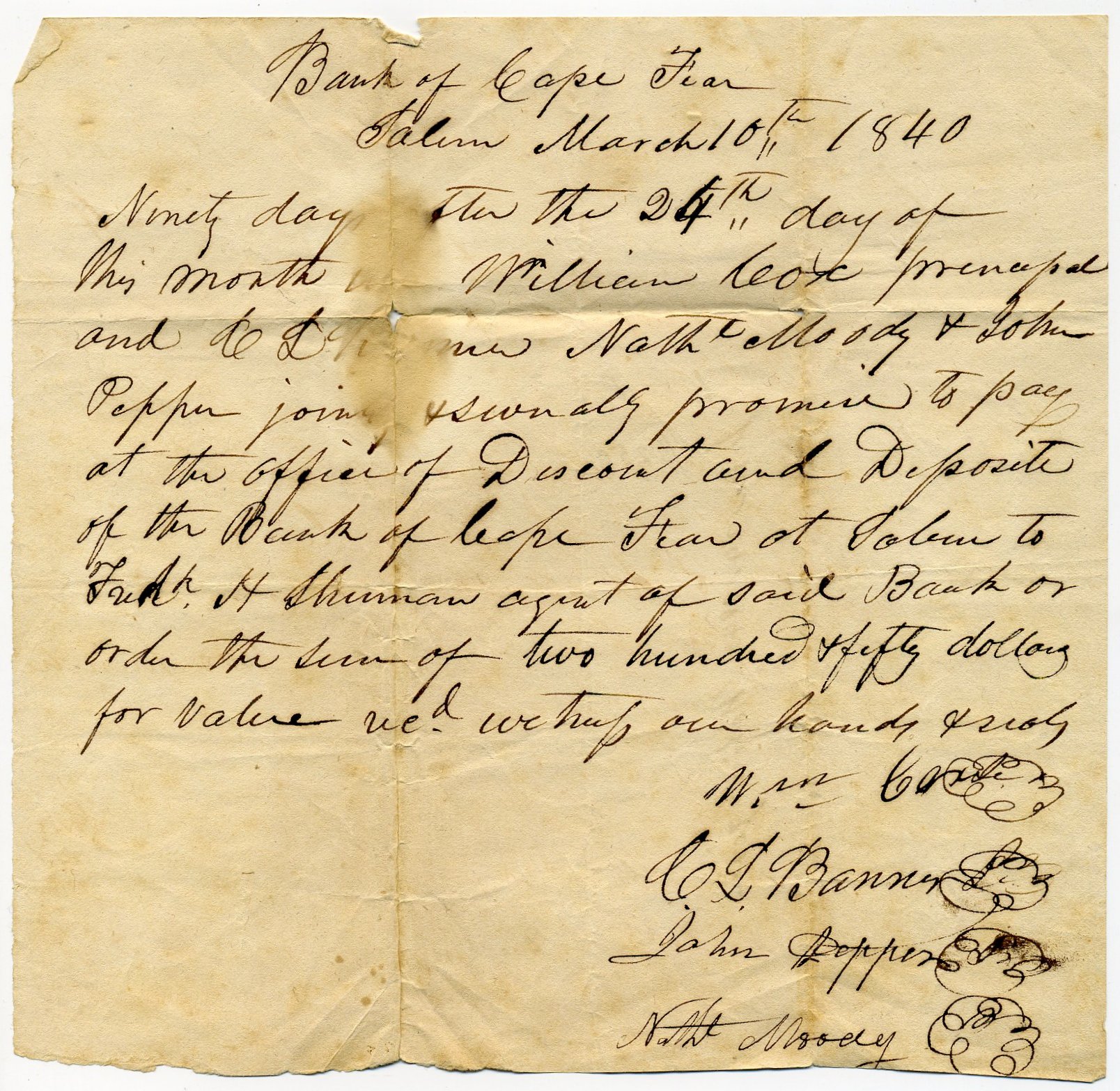 1840 Handwritten Bank of Cape Fear Ninety Day Promissory Note (Salem Branch)