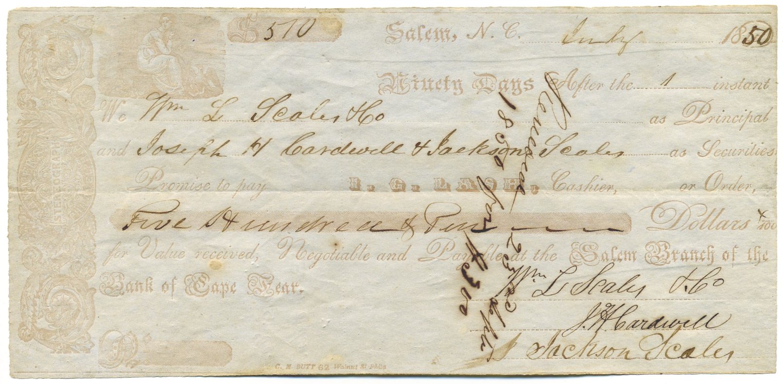 1850 Bank of Cape Fear Ninety Day Promissory Note (Salem Branch)