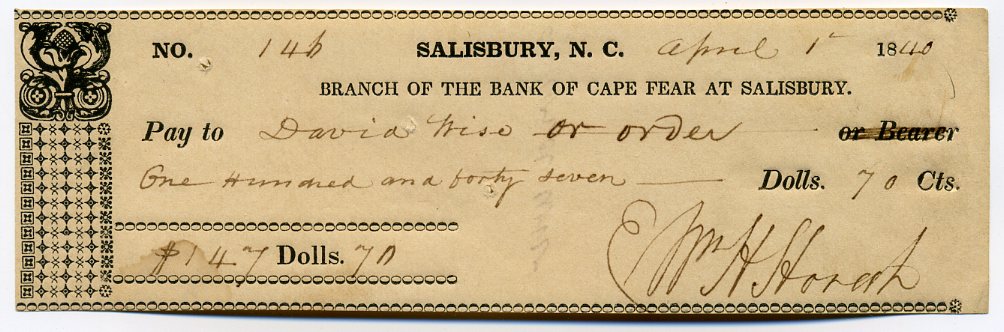 1840 Bank of Cape Fear Check (Salisbury Branch)