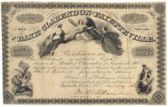 Stock Certificate on the Bank of Clarendon at Fayetteville