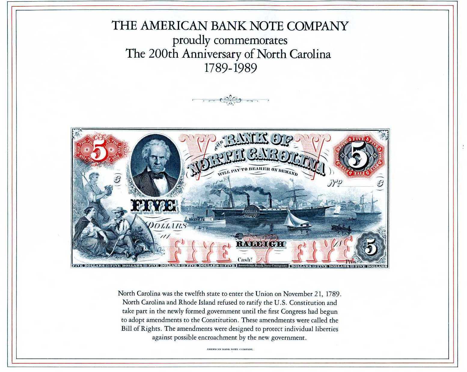 P990-SS The Bank of North Carolina, Raleigh $5, 1989 Souvenir Sheet