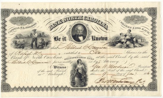 Stock Certificate on the Bank of North Carolina