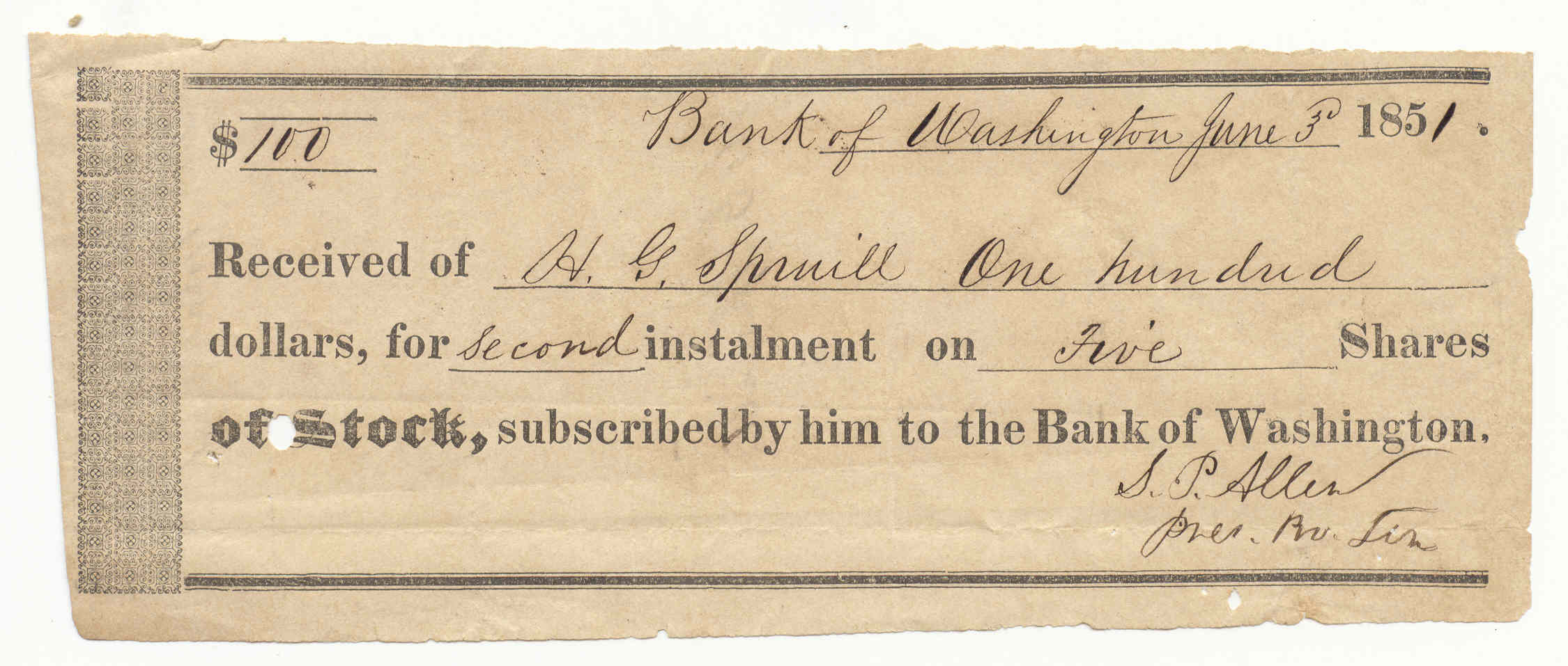 Stock Installment Reciept (Washington Hand Written)