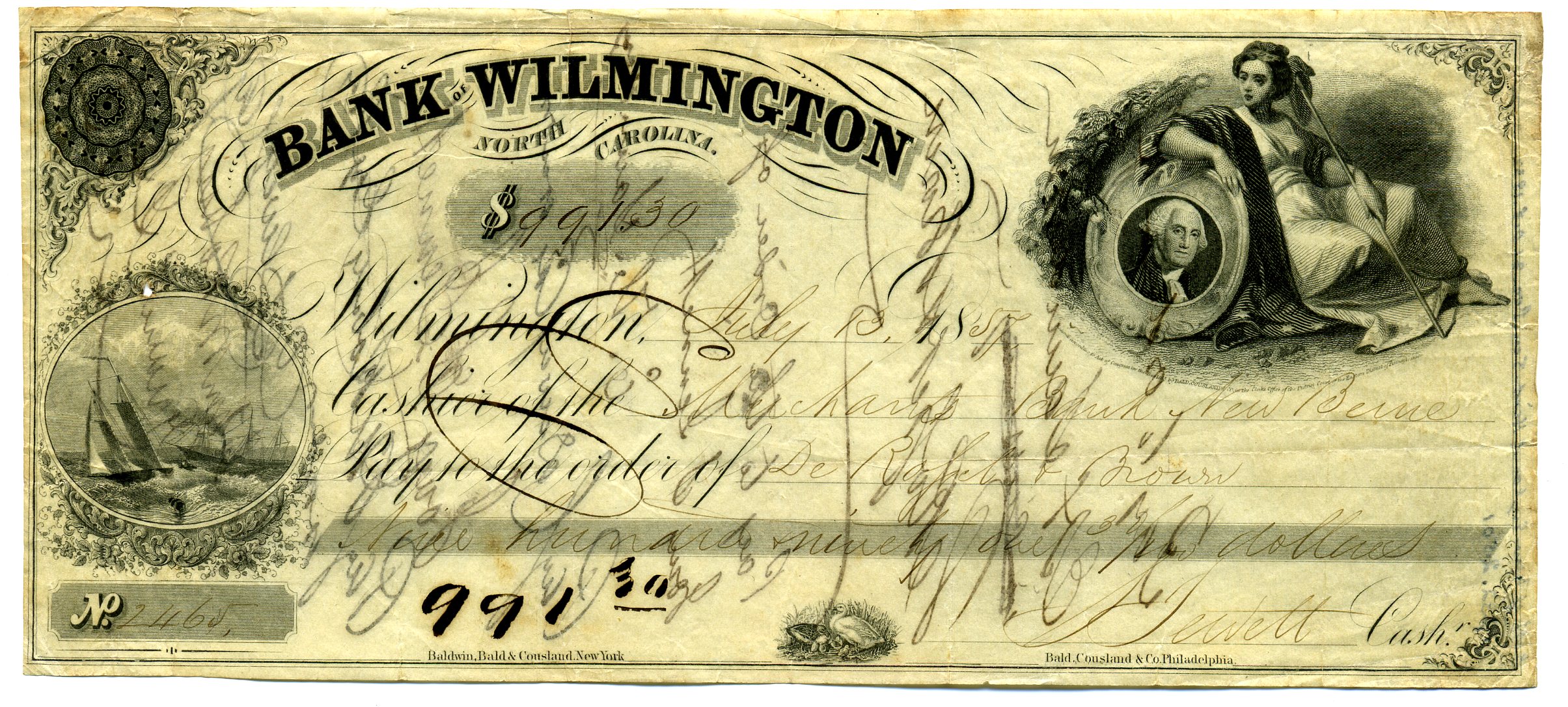 Bank of Wilmington Check, Wilmington 1857