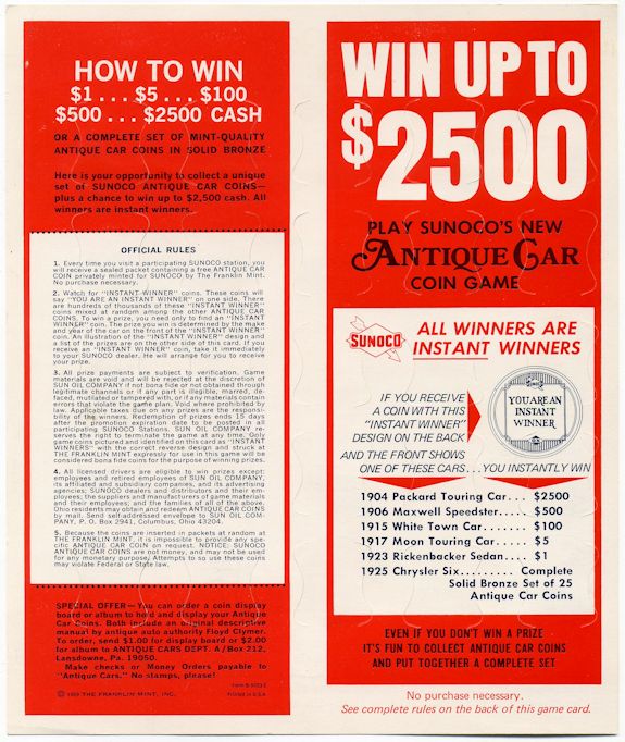 Back of Sunoco Sunoco Collection of Antique Car - Series 2 Game Card 