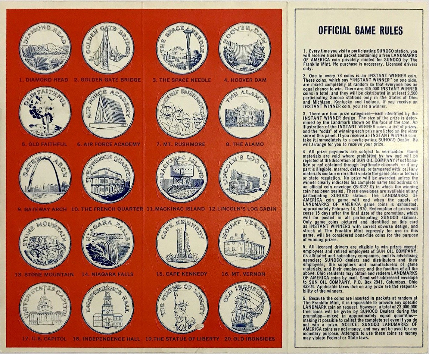 Front of Sunoco Landmarks of America Game Card (Coin Side)